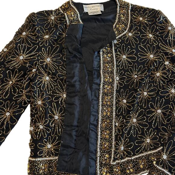 Vintage 90s Papell Boutique Beaded Silk Evening Jacket 4P Black Gold Formal Glam - Picture 6 of 10
